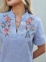 Bluza Dama Alaya Alba cu Dungi Bleu Brodata - imagine 5