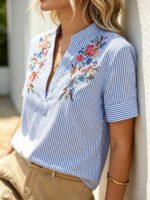 Bluza Dama Alaya Alba cu Dungi Bleu Brodata - imagine 4