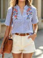 Bluza Dama Alaya Alba cu Dungi Bleu Brodata - imagine 3