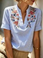 Bluza Dama Alaya Alba cu Dungi Bleu Brodata