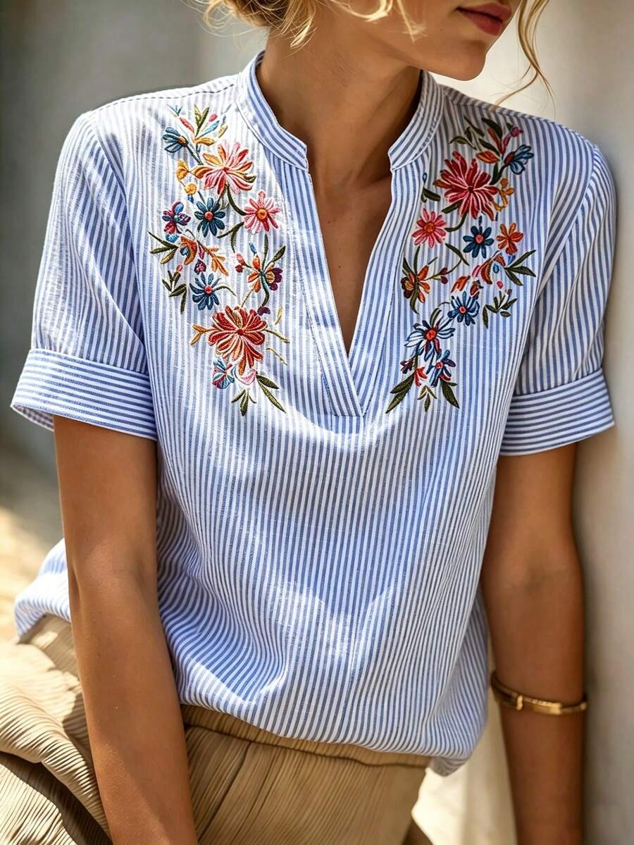 4227 Bluza Dama Alaya Alba cu Dungi Bleu Brodata - imagine 1