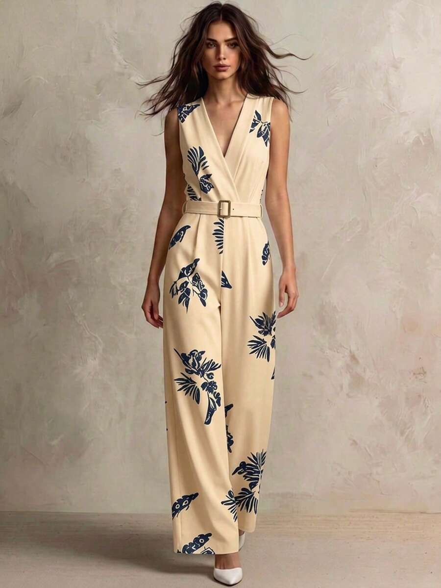 4234 Salopeta Haga Bej cu Print Tropical Bleumarin - imagine 1