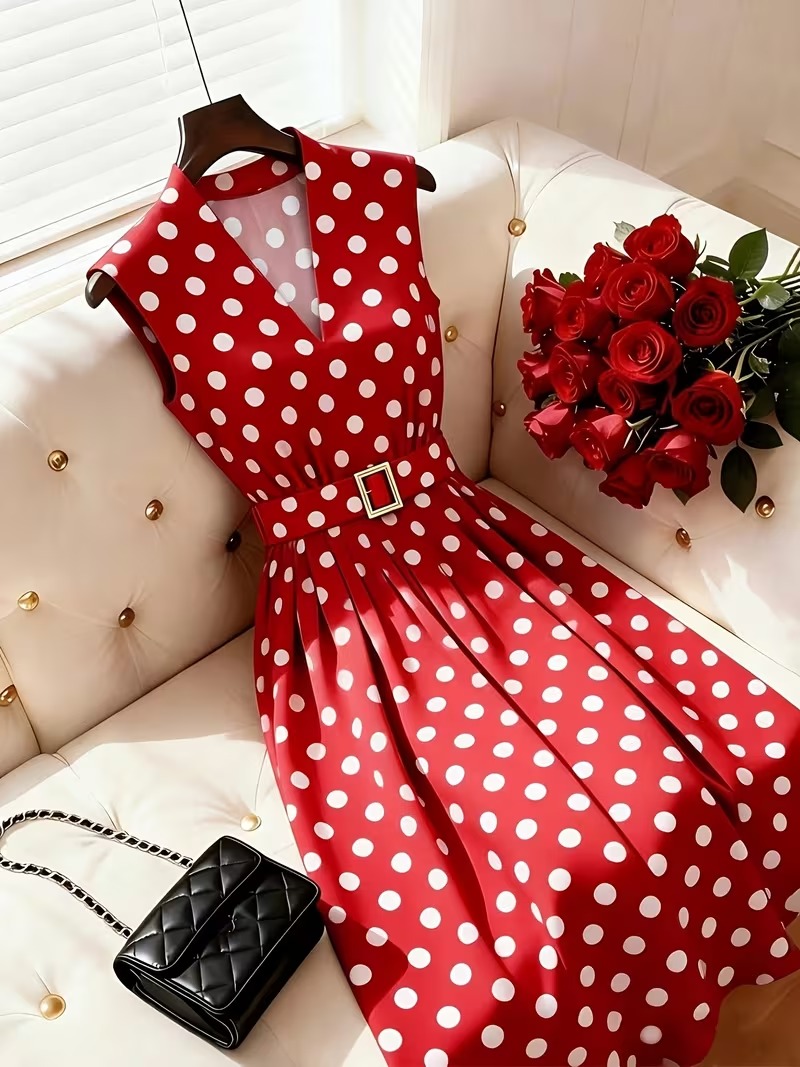 4549 Rochie Midi Yoselin Rosie cu Buline Albe - imagine 1