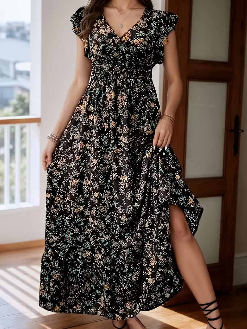 4553 Rochie Midi Sanja Neagra cu Flori Bej - imagine 1