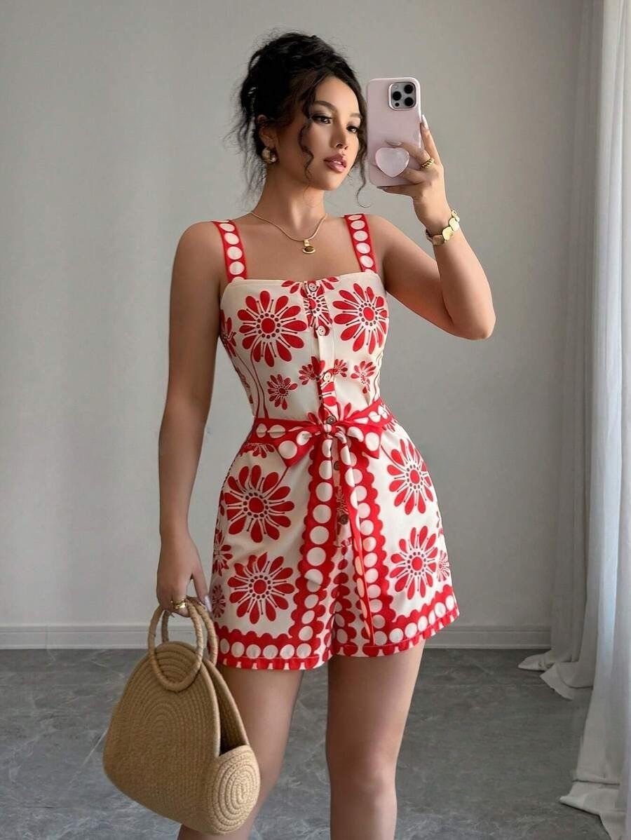 4602 Salopeta Scurta Saide Bej cu Print Floral Rosu - imagine 1