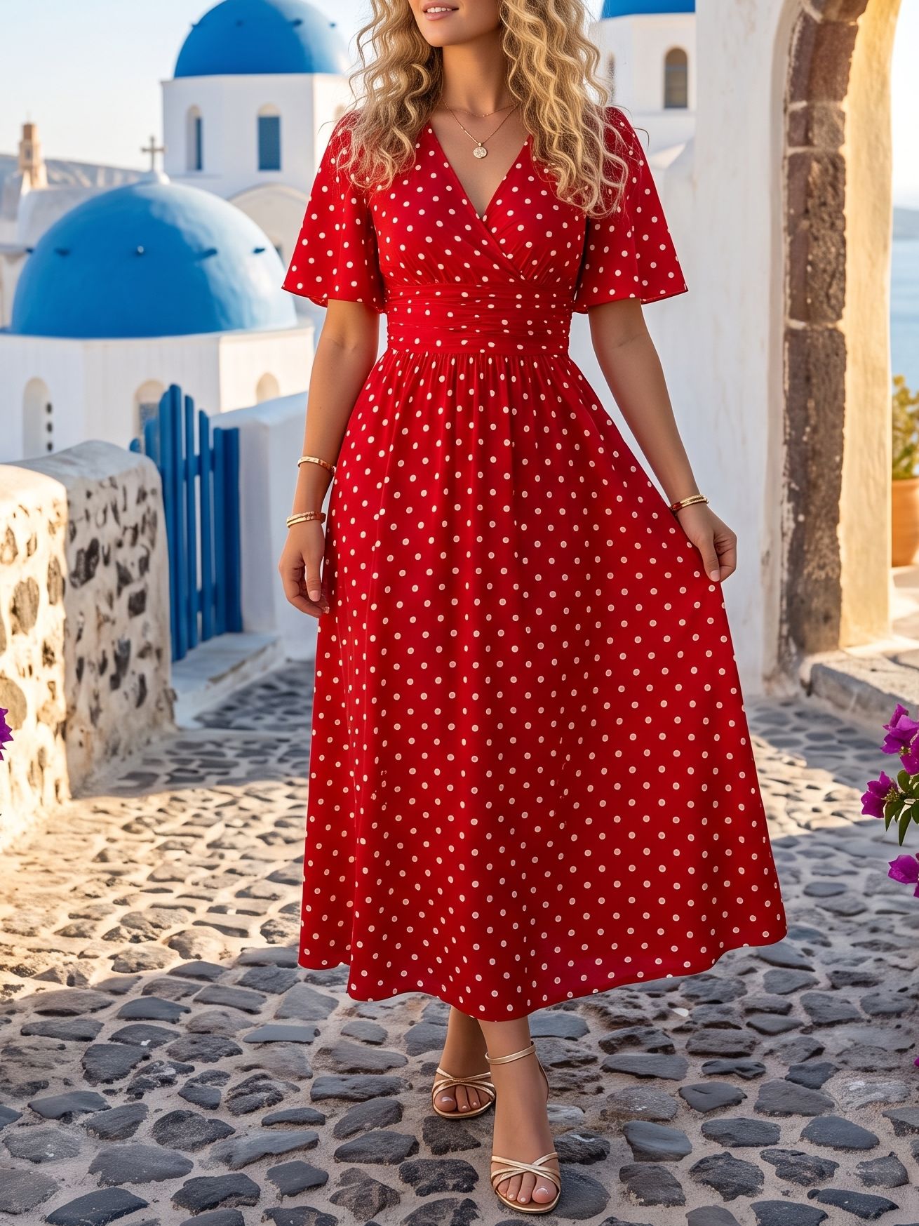 4626 Rochie Midi Falka Rosie cu Buline Albe - imagine 1