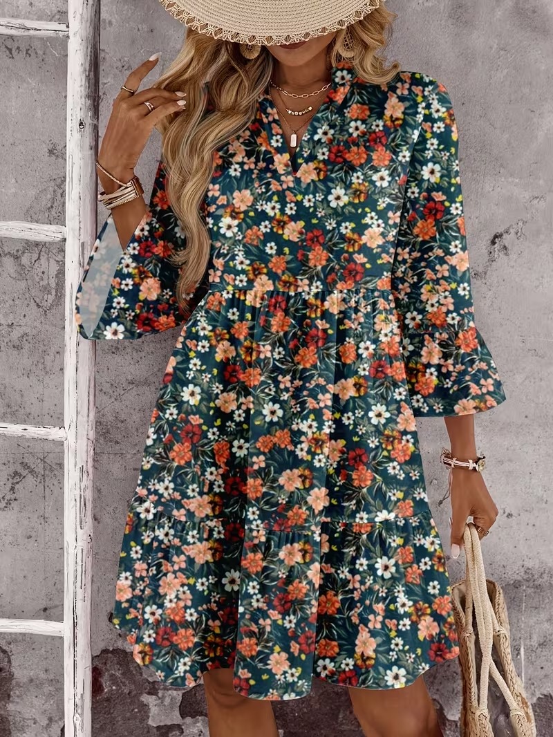 4653 Rochie Scurta Greta Verde cu Print Floral Multicolor - imagine 1