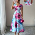 Rochie Midi Fiona Bleu cu Print Floral Roz - imagine 6