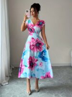 Rochie Midi Fiona Bleu cu Print Floral Roz - imagine 5