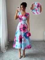Rochie Midi Fiona Bleu cu Print Floral Roz - imagine 4