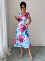Rochie Midi Fiona Bleu cu Print Floral Roz - imagine 3