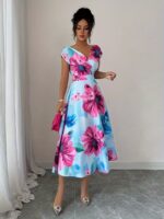 Rochie Midi Fiona Bleu cu Print Floral Roz