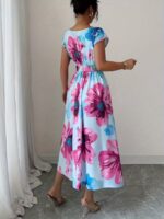Rochie Midi Fiona Bleu cu Print Floral Roz - imagine 2