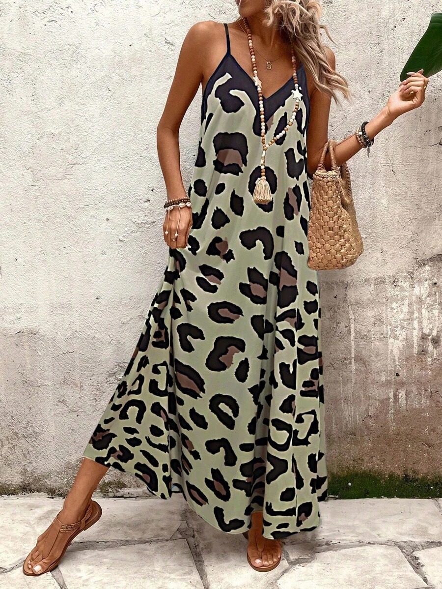 4752 Rochie Lunga Sanela Khaki cu Animal Print - imagine 1