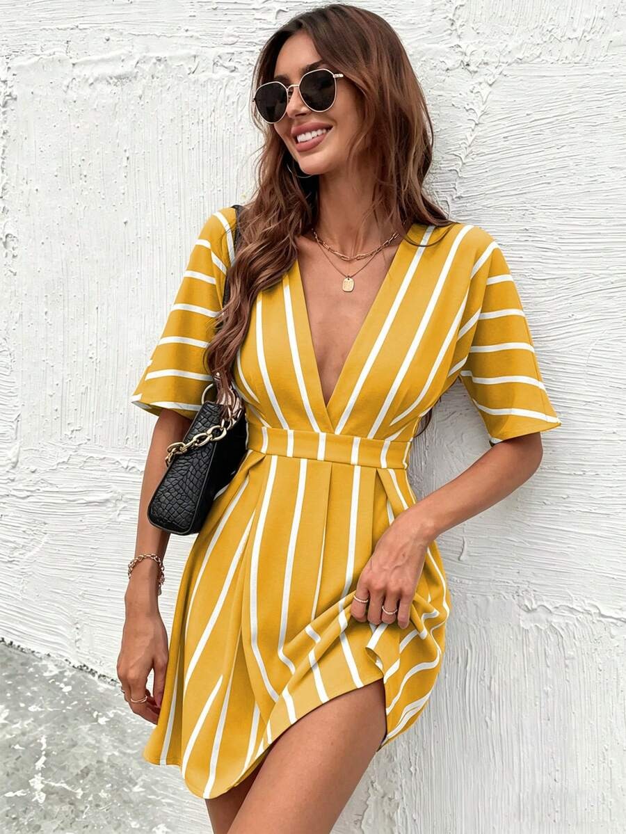 4758 Rochie Scurta Clarice Mustar cu Dungi Albe - imagine 1