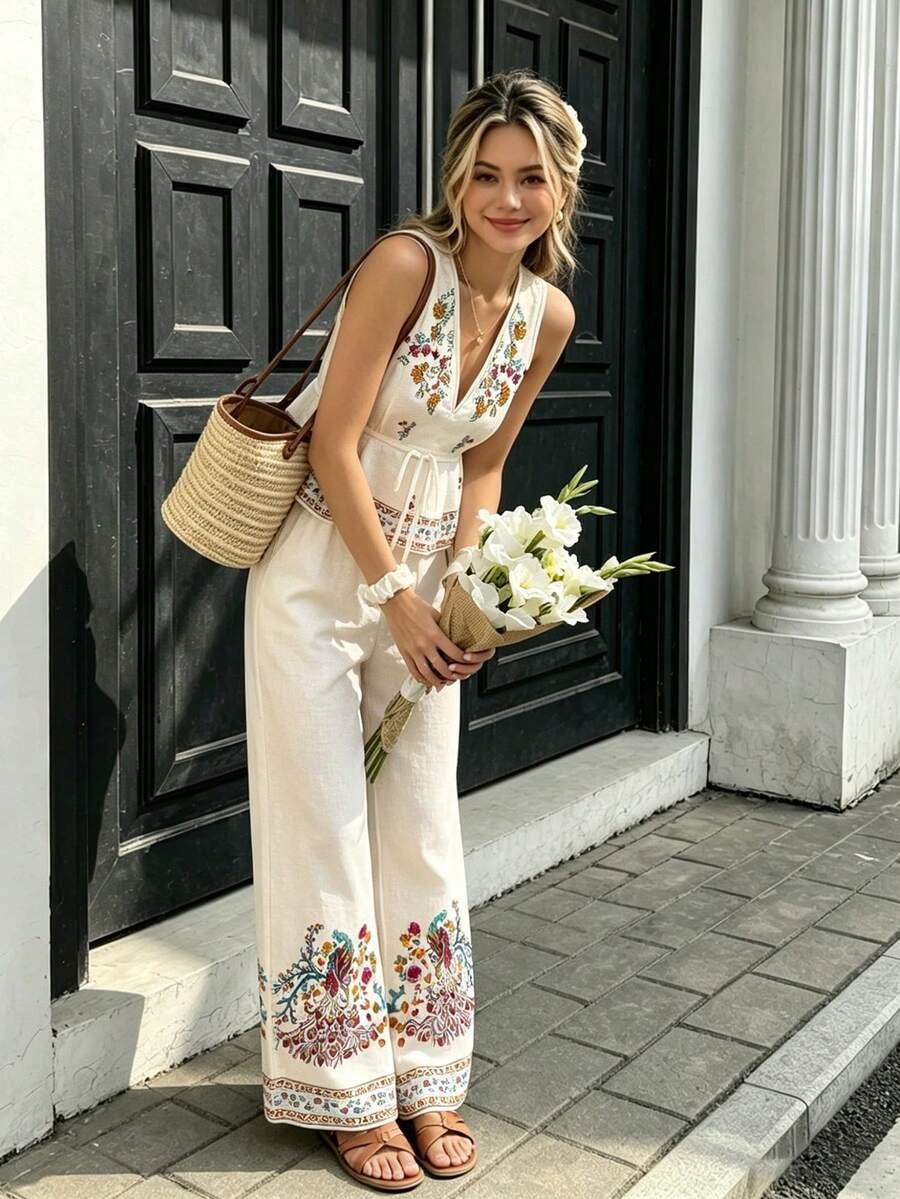 4781 Compleu Robertina Alb cu Print Floral format din Vesta si Pantalon - imagine 1