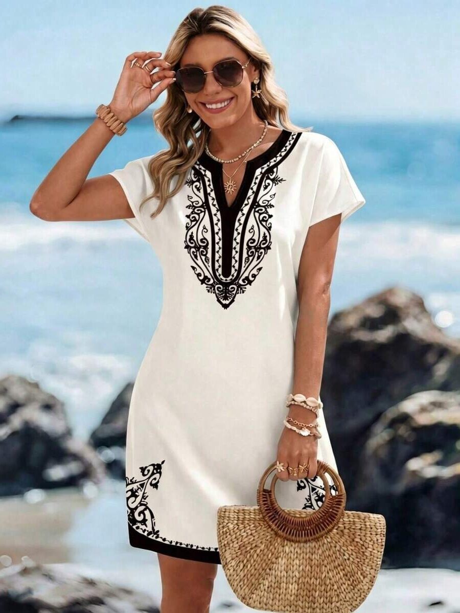 4795 Rochie Scurta Ineke Alba cu Print Geometric Negru - imagine 1
