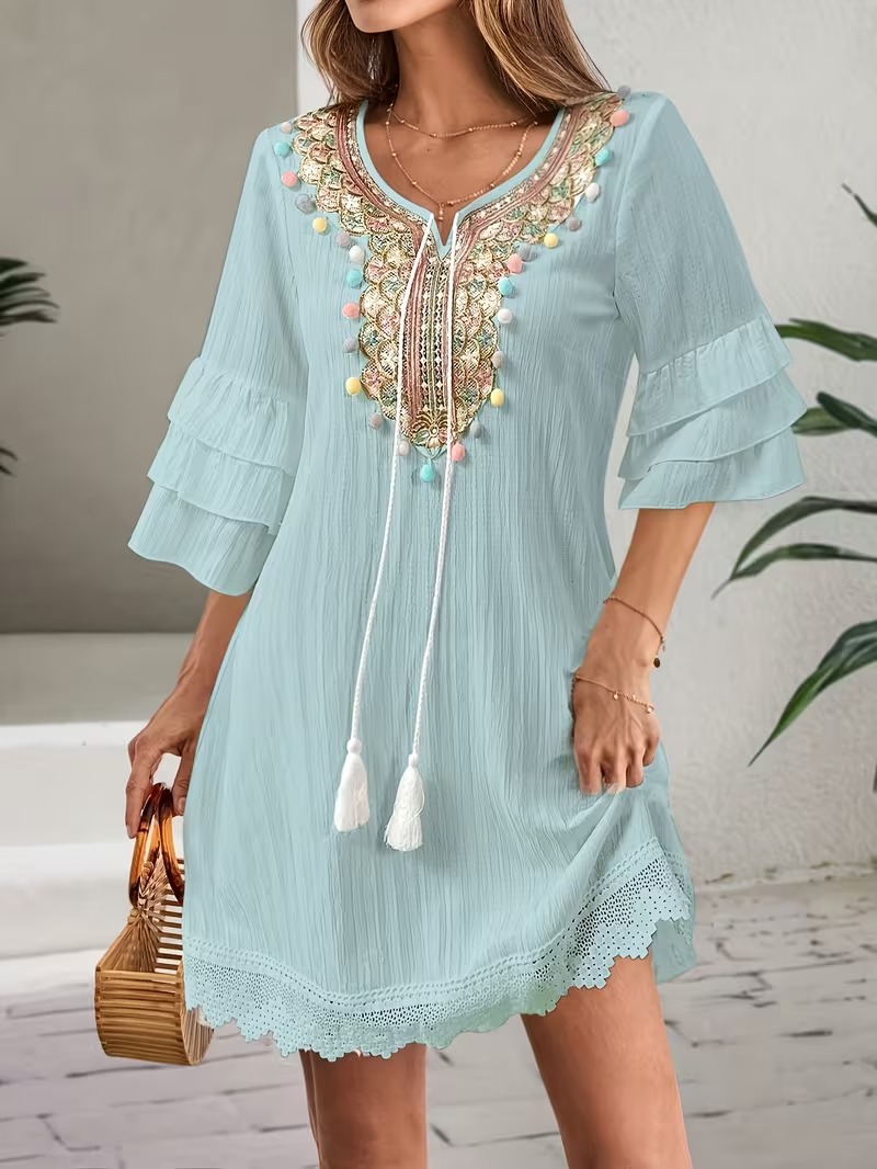 4858 Rochie Scurta Thamara Vernil cu Broderie Multicolora - imagine 1