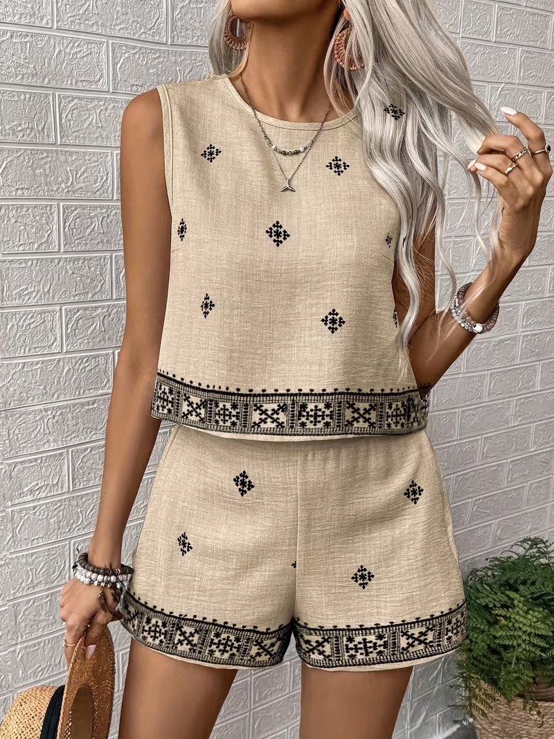 5 Compleu Safine Bej cu Print Geometric format din Top si Pantalon - imagine 1