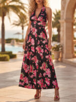 Rochie Lunga Amelisa Neagra cu Print Floral Roz