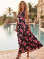 Rochie Lunga Amelisa Neagra cu Print Floral Roz - imagine 2