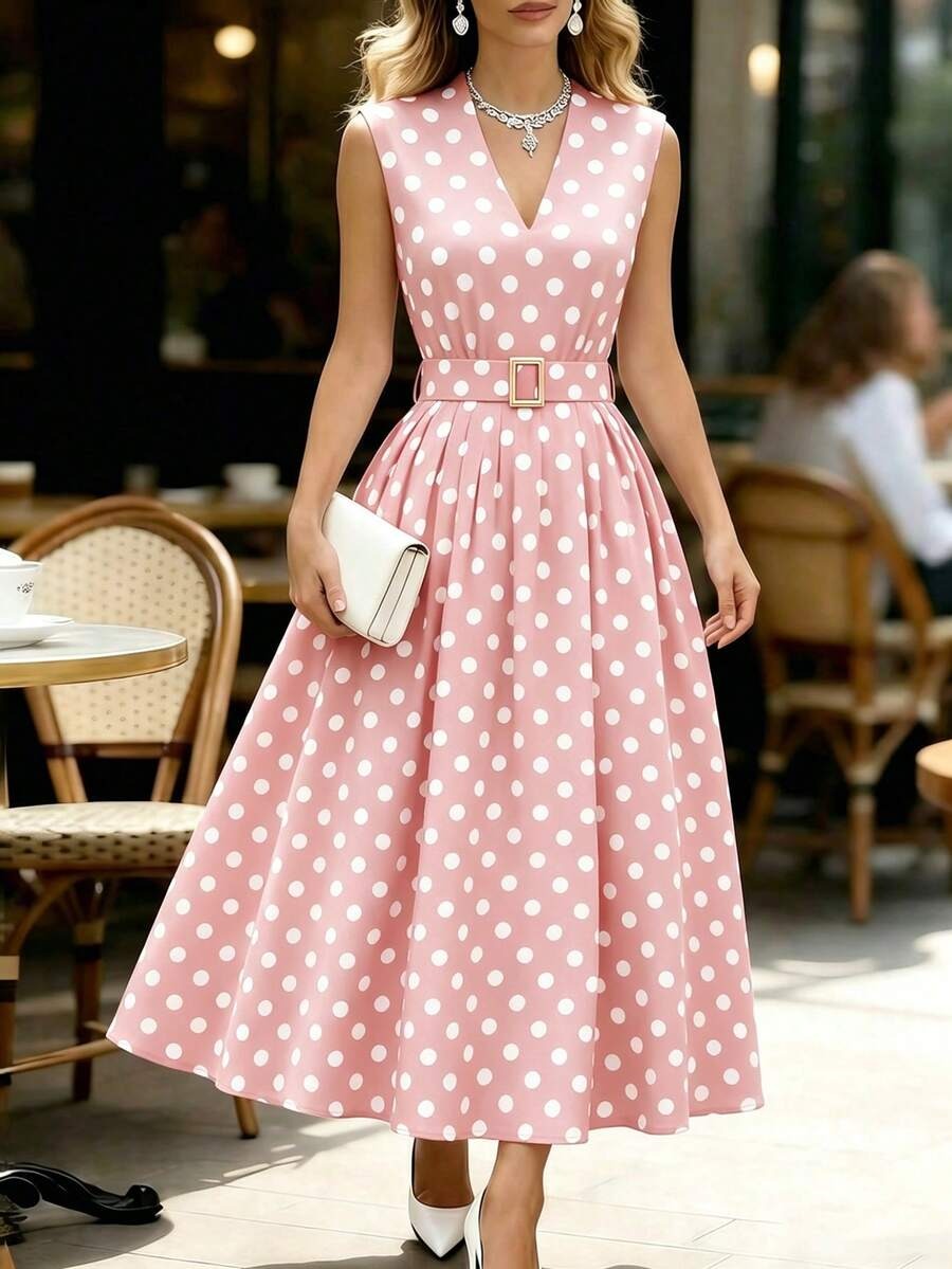 5282 Rochie Midi Sophi Roz Pudra cu Buline Albe - imagine 1