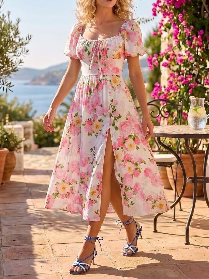 5317 Rochie Midi Hildis Alba cu Print Floral - imagine 1