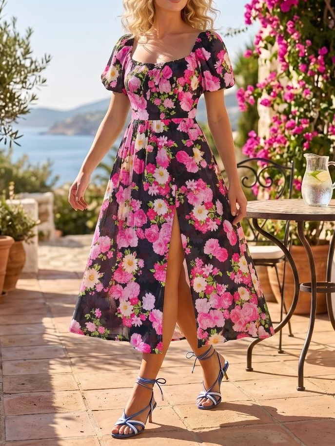 5318 Rochie Midi Dagora Neagra cu Print Floral Roz - imagine 1
