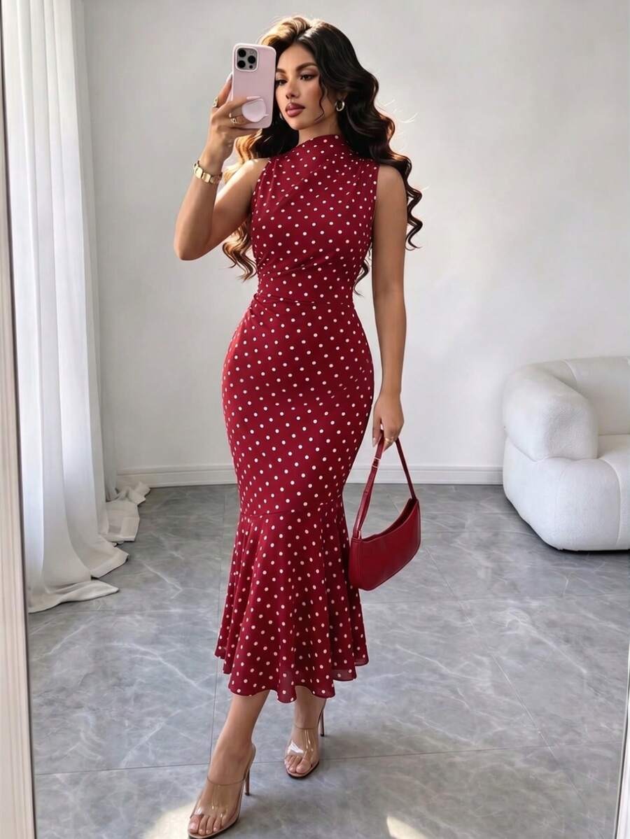 5541 Rochie Midi Mariza Rosie cu Buline Albe - imagine 1
