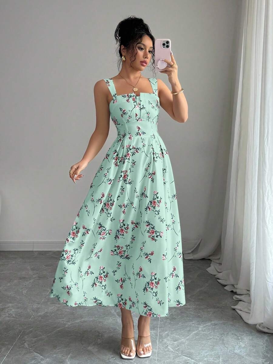 5564 Rochie Midi Jasmin Vernil cu Print Floral Roz - imagine 1