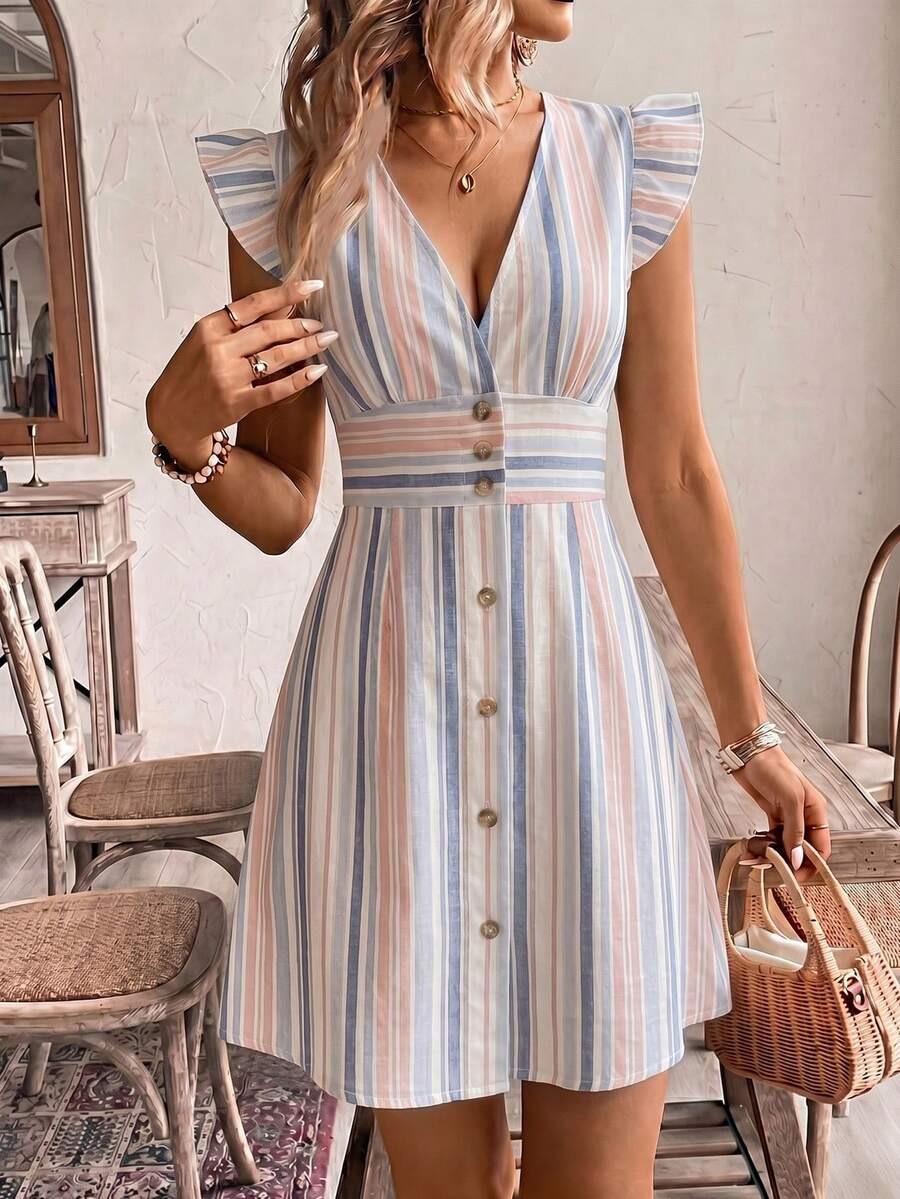 5577 Rochie Scurta Esme cu Dungi Multicolore - imagine 1