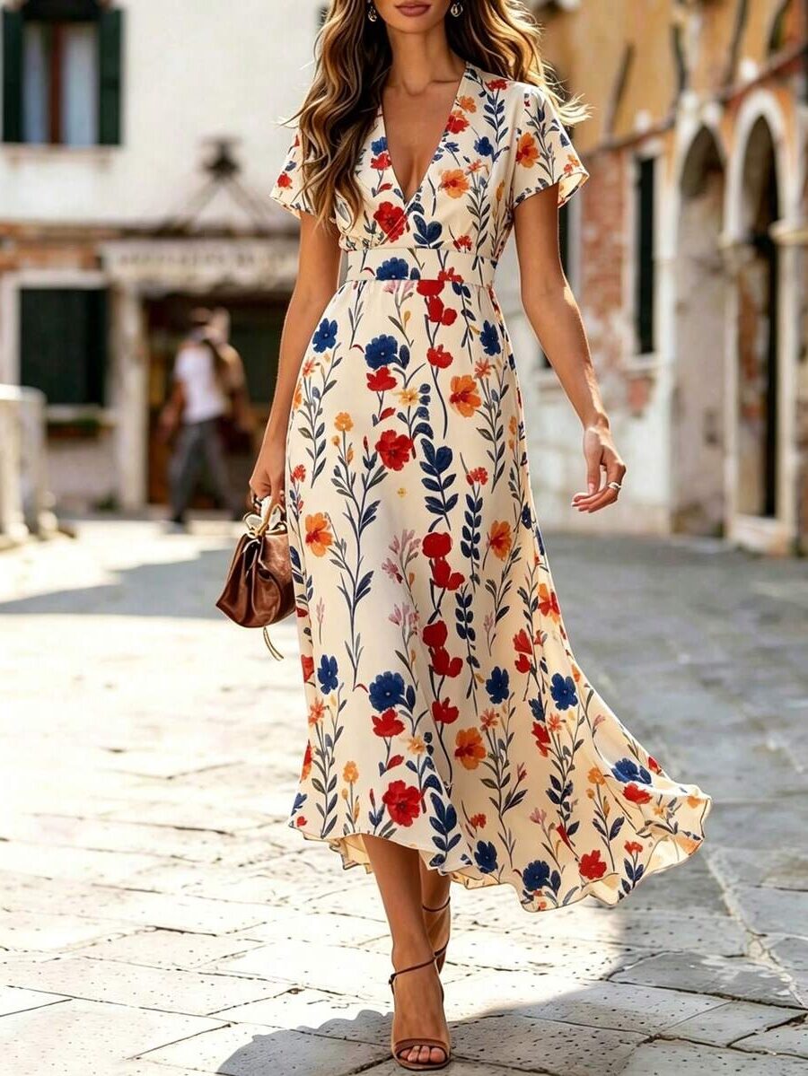 5582 Rochie Midi Satori Bej cu Print Floral Multicolor - imagine 1