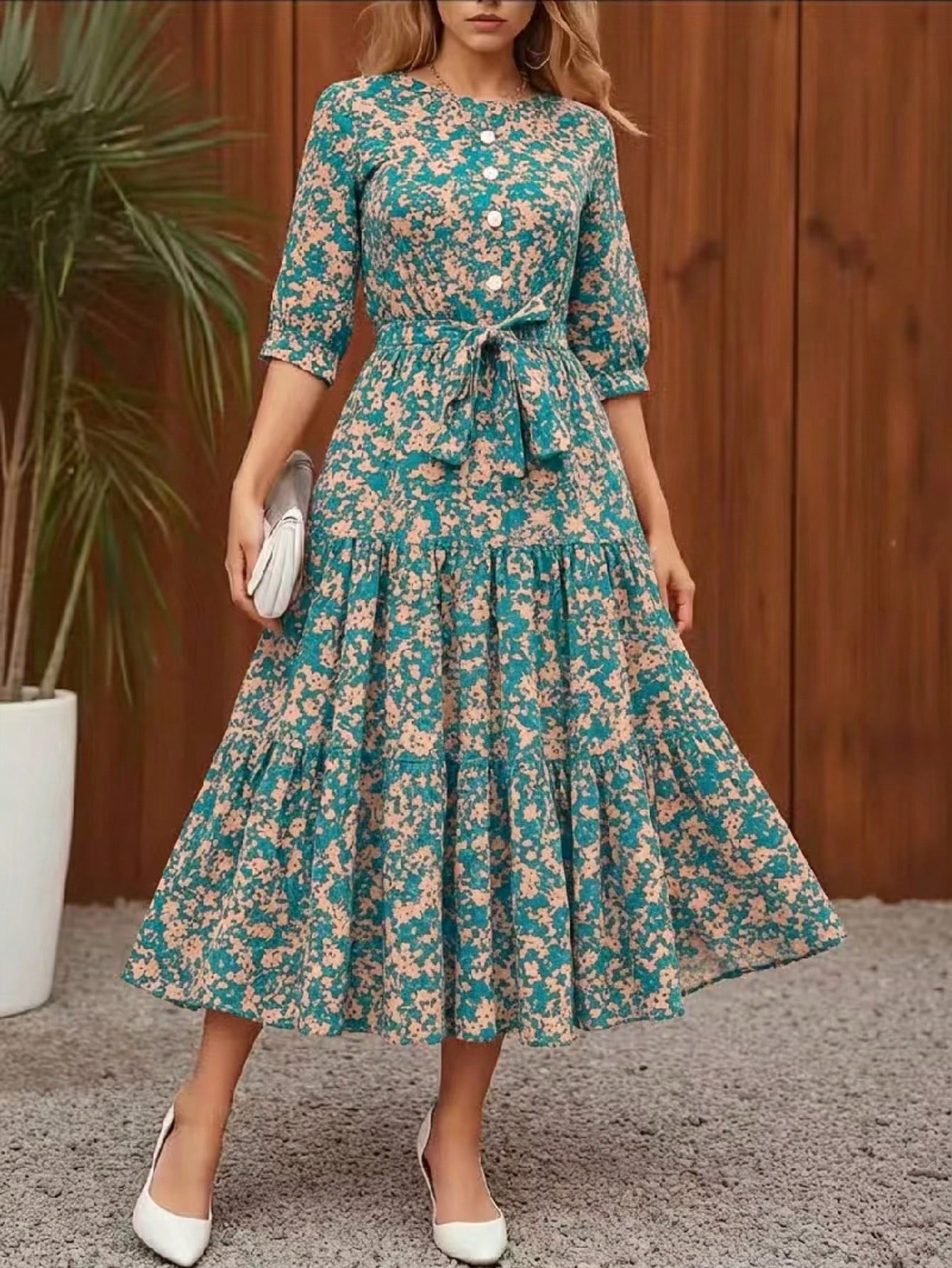 5655 Rochie Midi Rohan Verde cu Print Floral Bej - imagine 1