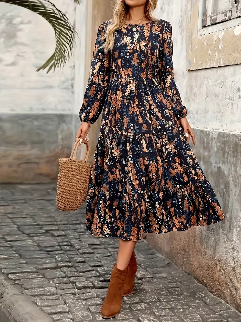5695 Rochie Midi Sariad cu Print Floral Maro - imagine 1
