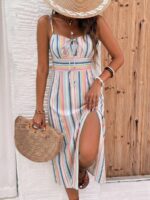 Rochie Midi Hilda Bej cu Dungi Multicolore