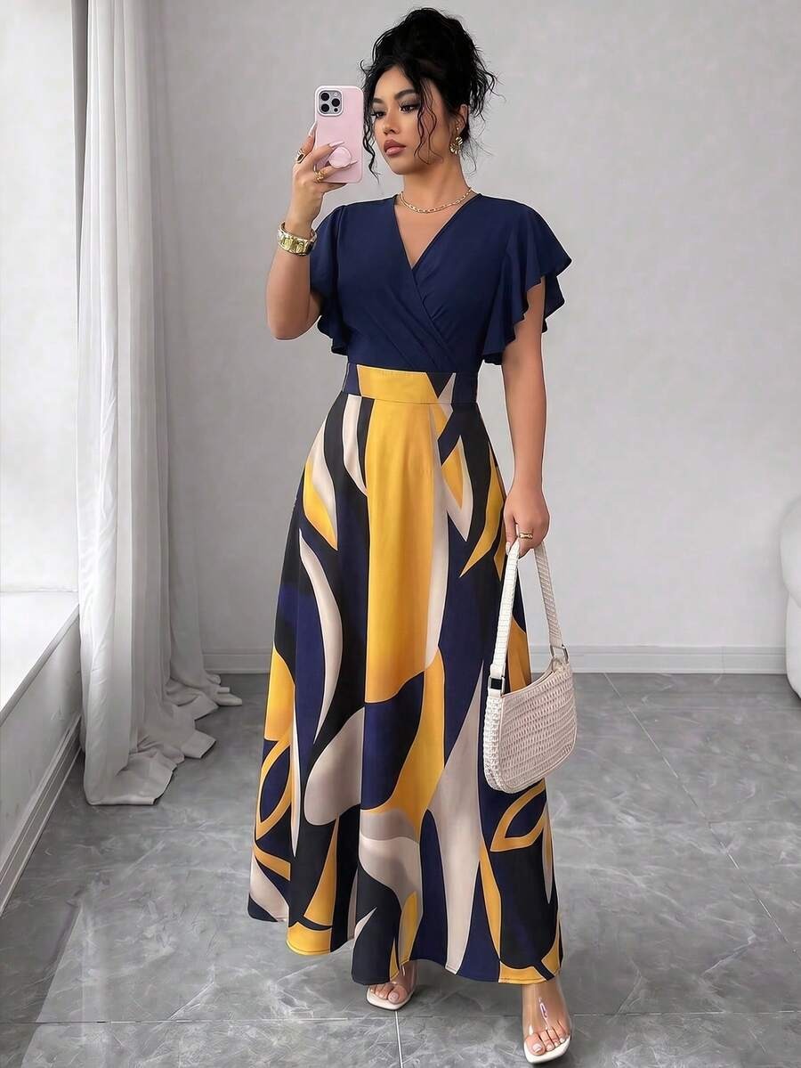 5719 Rochie Lunga Tereza Bleumarin cu Print Geometric Galben - imagine 1