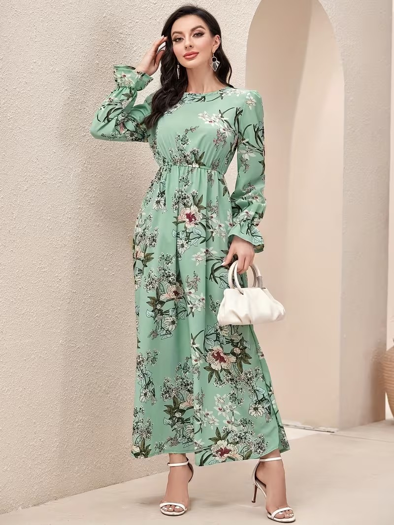 5798 Rochie Lunga Marlina Vernil cu Print Floral - imagine 1