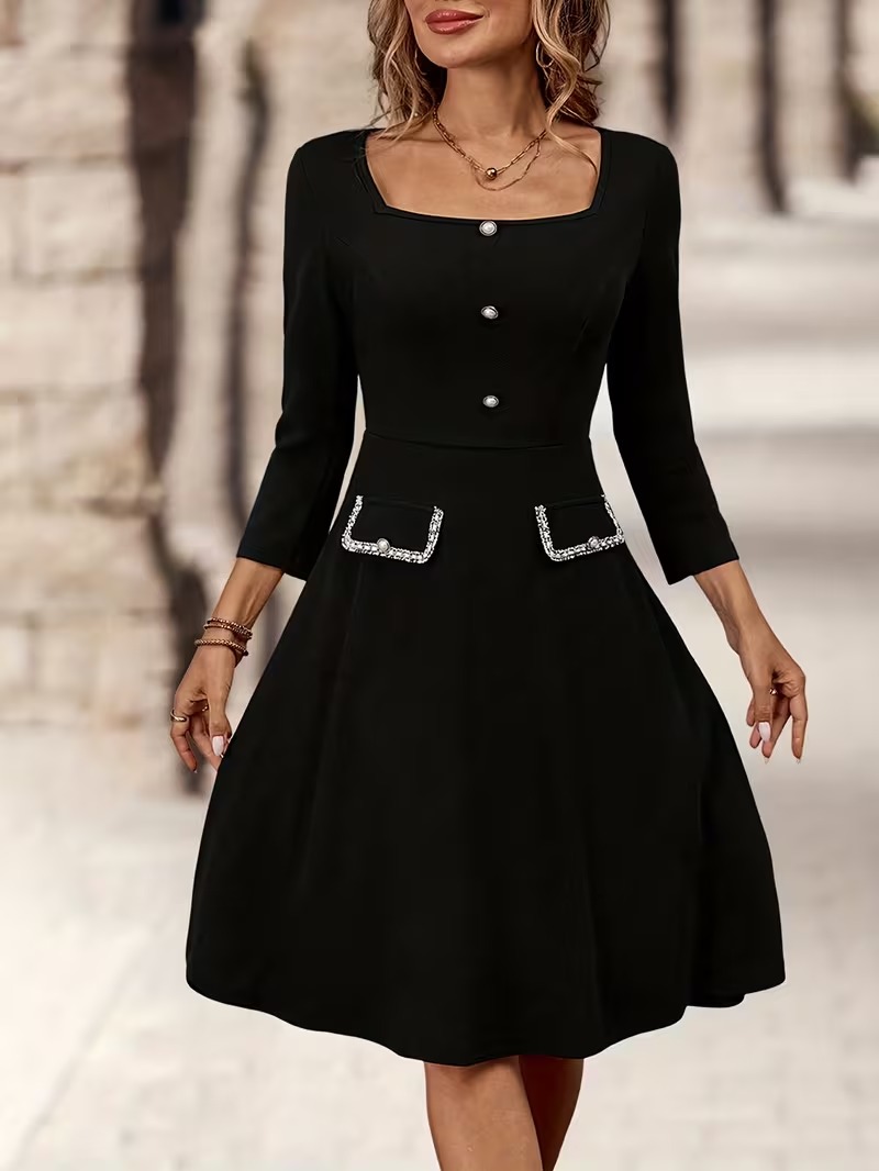 5808 Rochie Scurta Aldina Neagra cu Nasturi - imagine 1