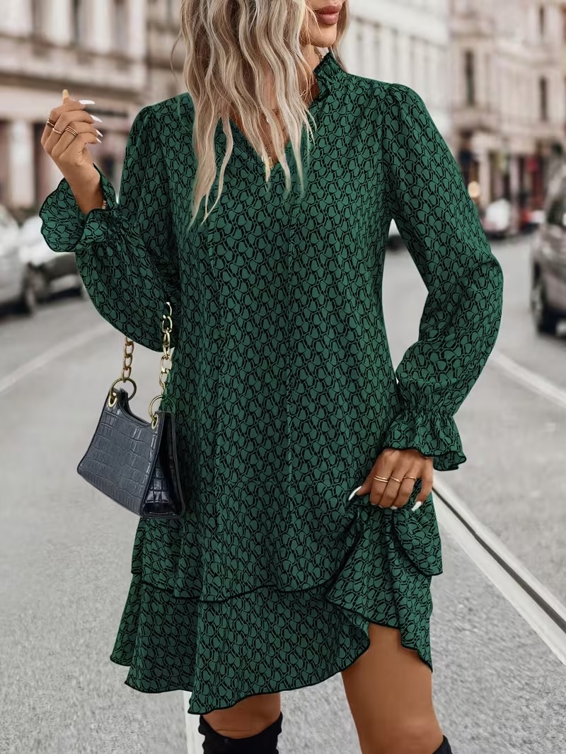 5817 Rochie Scurta Lyra Verde cu Print Geometric Negru - imagine 1