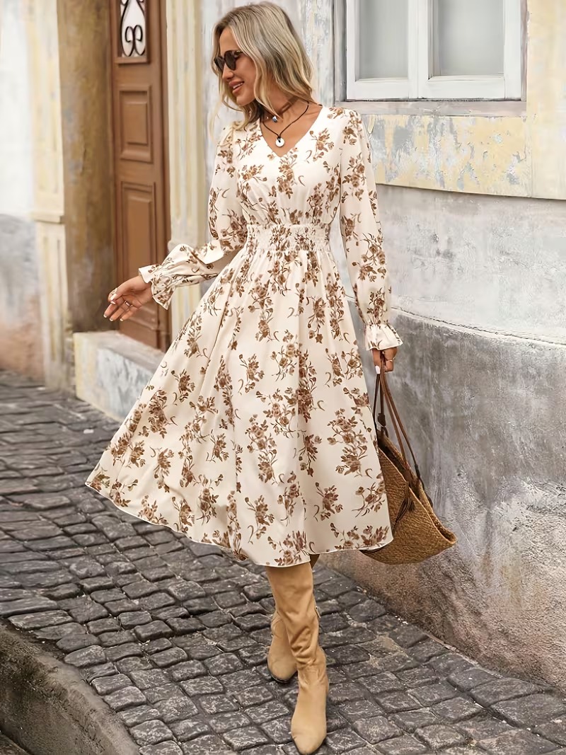 5822 Rochie Midi Hayla Bej cu Print Floral Maro - imagine 1