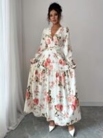 Rochie Lunga Judes Alba cu Print Floral Roz - imagine 5