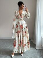 Rochie Lunga Judes Alba cu Print Floral Roz - imagine 4