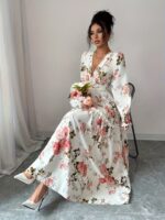 Rochie Lunga Judes Alba cu Print Floral Roz