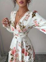 Rochie Lunga Judes Alba cu Print Floral Roz - imagine 3