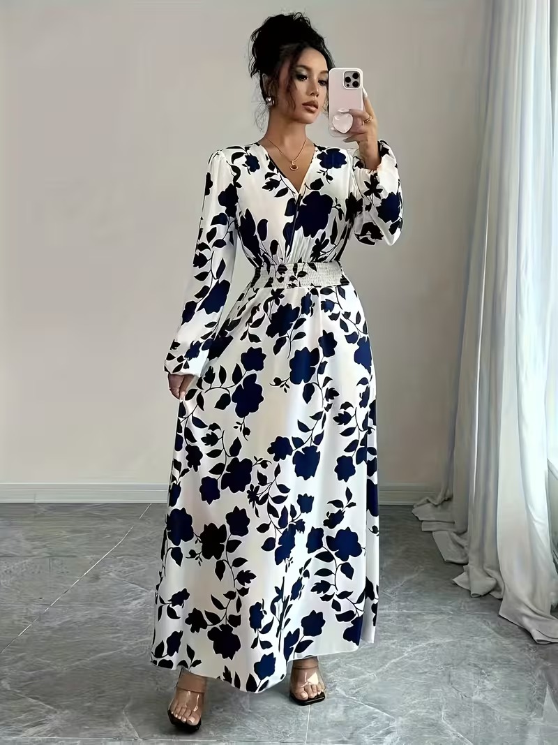 5870 Rochie Lunga Odetta Alba cu Print Floral Negru - imagine 1