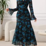 Rochie Lunga Marley Neagra cu Imprimeu Floral Albastru - imagine 5