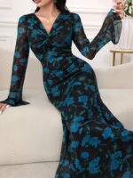 Rochie Lunga Marley Neagra cu Imprimeu Floral Albastru - imagine 4