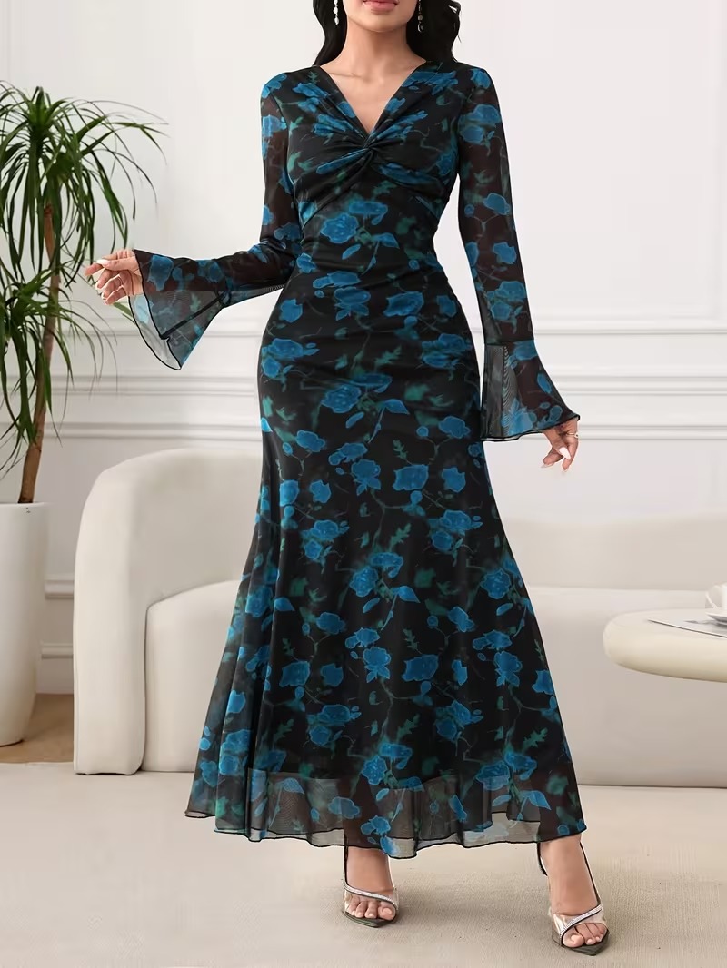 5875 Rochie Lunga Marley Neagra cu Imprimeu Floral Albastru - imagine 1