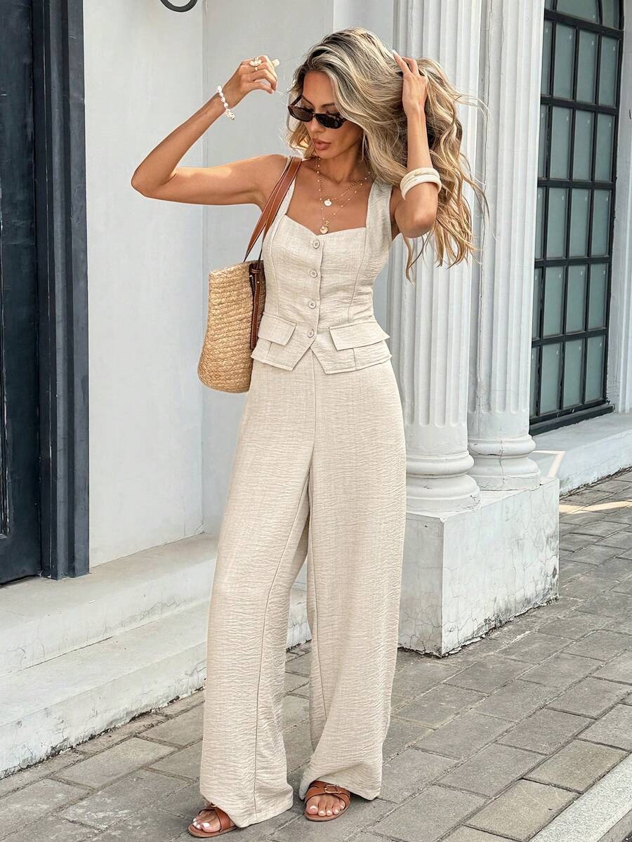 5877 Compleu Diora Bej format din Top si Pantalon - imagine 1