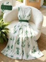 Rochie Midi Acteea Alba cu Print Floral Verde - imagine 4